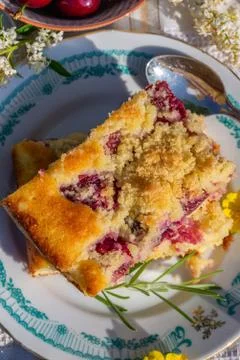 Top view on portion of cherry cake with yellow blooms and rosemary twig Stock Photos