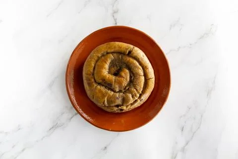 Top view of portuguese easter cake called Folar Algarvio de Olhao Stock Photos