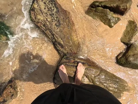 Top View POV of Bare Feet on Algae-Covered Rocks with Shadow Taking Photo Stock Footage 319767072