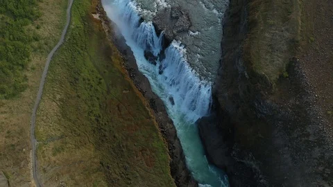 Top view of powerful waterfall Gullfoss, famous Golden circle, Iceland Stock Footage 120472932