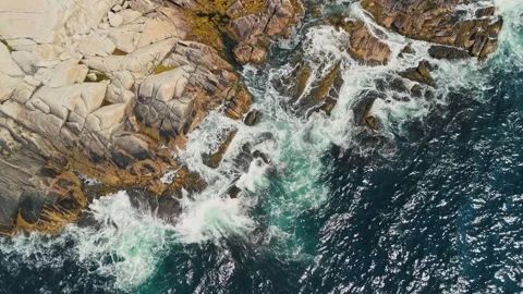 Top View Powerful Waves on Rocky Coast - Aerial View Canada, Nova Scotia. Stock Footage 280190924