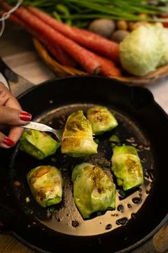 Top view of preparation of cabbage rolls in a pan, cabbage rolls, Stock Photos