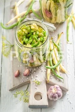 Top view of preparation for pickled green and yellow beans Stock Photos