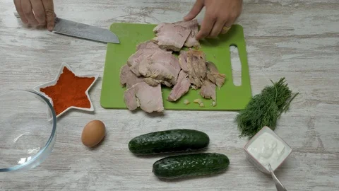 Top view of prepearing meat dish with eggs and vegitables Stock Footage 94160351