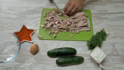 Top view of prepearing meat dish with eggs and vegitables Stock Footage 94160410