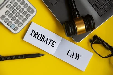 Top view of Probate Law text on white notepad with lawyer gavel, laptop, gl.. Stock Photos