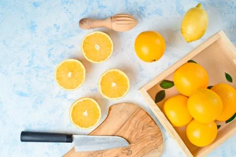 Top view of the process of making fresh orange juice, flat lay Stock Photos