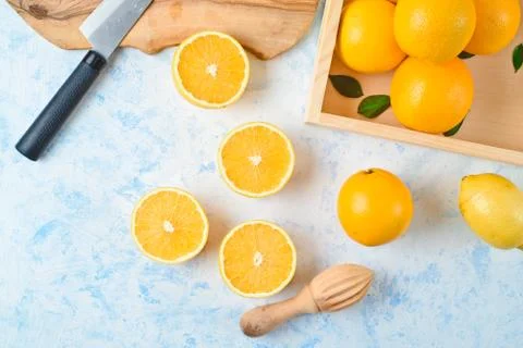 Top view of the process of making fresh orange juice, flat lay Stock Photos