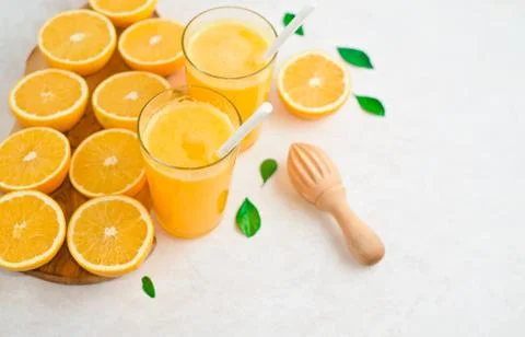 Top view of the process of making fresh orange juice, flat lay Stock Photos