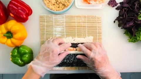 Top view, process of preparing rolls, with cream cheese and shrimp Stock Footage 279943489