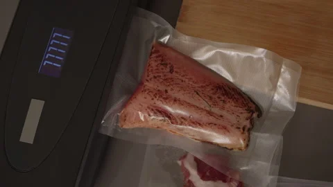 Top view of professional chef sealing fresh fish fillet with vacuum machine 库存影片 313714838