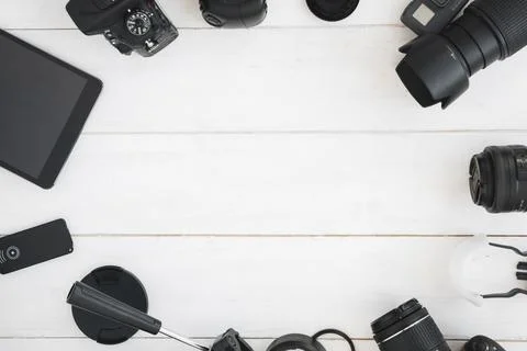 Top view professional graphy accessories white wooden table Stock Photos
