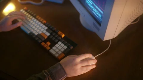 Top view of programmer coding software, old technology, 90s lifestyle, retro Stock Footage 213978207