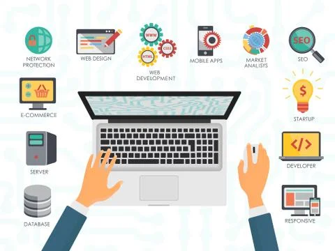 Top view of the programmer hands on laptop. Coding and programming concept. Stockillustratie