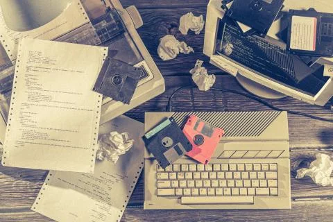 Top view of programming on old computers in the laboratory Fotos de archivo