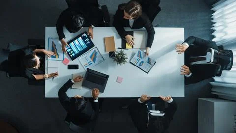 Top view of project manager give vr head set to businesspeople. Directorate. Stock Photos