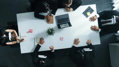 Top view of project manager give vr head set to businesspeople. Directorate. Stock Photos