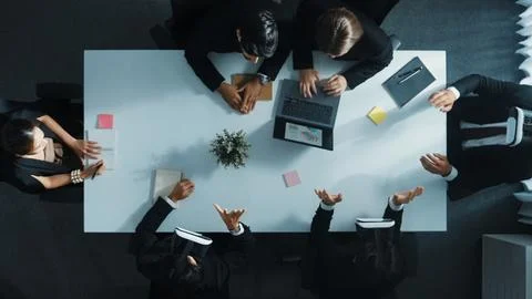 Top view of project manager give vr head set to businesspeople. Directorate. Stock Photos