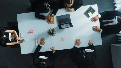 Top view of project manager give vr head set to businesspeople. Directorate. Stock Photos