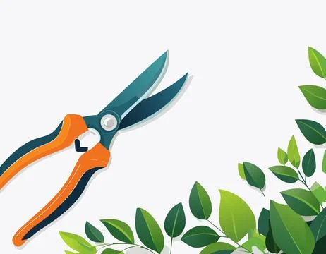 Top view of pruning scissors in action with vivid green leaves, minimal car.. Stock Illustration