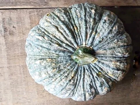 Top view of a pumpkin on an old rustic wooden table with copy space Stock Photos