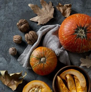 Top view pumpkins nuts arrangement Stock Photos