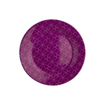 Top view of purple empty plate on isolated, white background, with pattern. Stock-Fotos