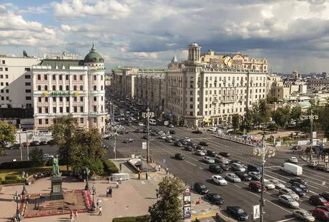 Top view of Pushkin Square and Tverskaya street. Moscow, Russia Stock Photos
