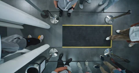 Top View on Queue of Diverse People, Passengers Passing Through X-ray Metal 스톡 동영상 306798576