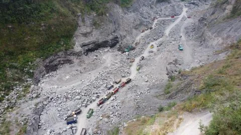 Top view of the queue of sand trucks in Kali Adem Stock Photos