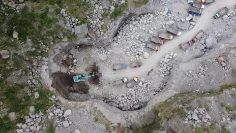 Top view of the queue of sand trucks in Kali Adem Stock Photos