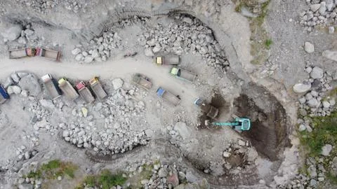 Top view of the queue of sand trucks in Kali Adem Stock Photos