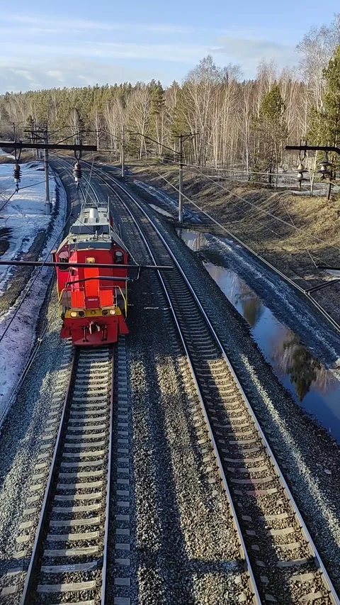 Top view of a railway with a moving train. Stock Footage 271216132