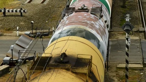 Top view of the railway tracks along which the freight train is moving. Stock Footage 339913766