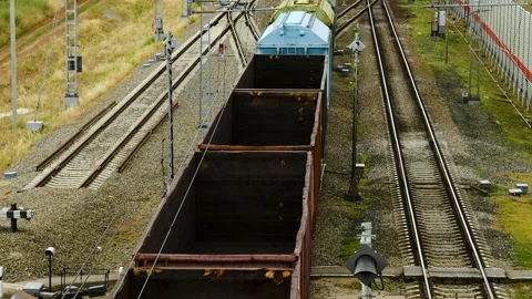 Top view of the railway tracks along which the freight train is moving. Stock Footage 339914004