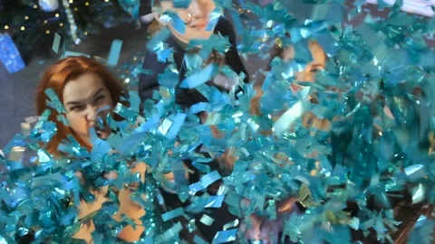 Top view Rain of blue confetti Stockbeeldmateriaal 122103594