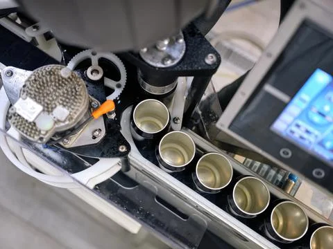 Top view of a raw of cans in a production line of a canning factory Stock Photos