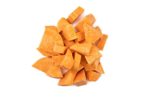 Top view of raw cube sweet potato on a white background Stock-Fotos