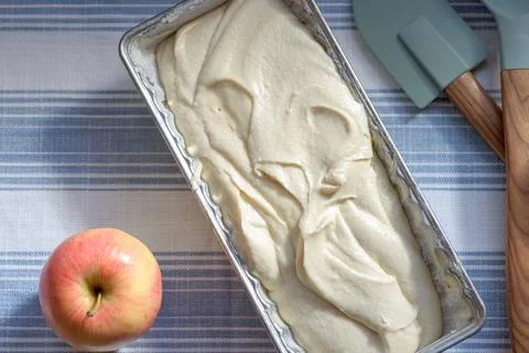 Top view of raw dough in bread pan Stock Photos