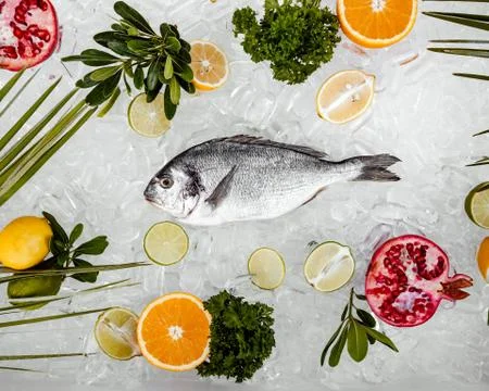 Top view of raw fish placed on ice surrounded with fruit slices Stock Photos