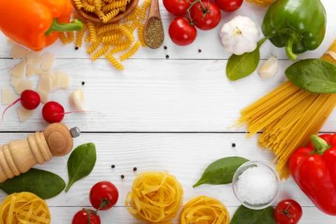 Top view of raw pasta Stock Photos