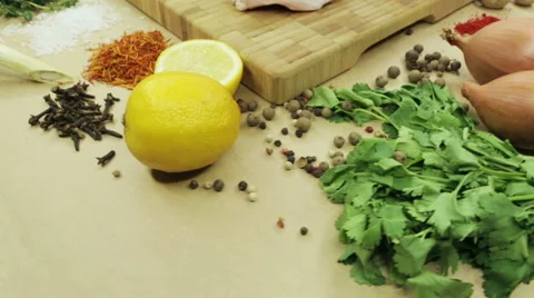 Top view raw pork chop steak on wooden background. Video stock 62598301