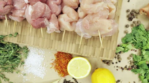 Top view raw pork chop steak on wooden background. Stock Footage 62599456