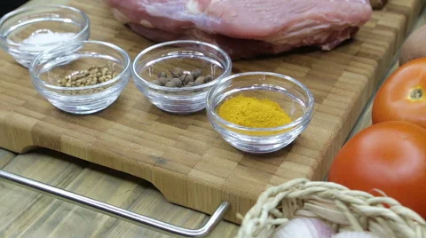 Top view raw pork chop steak on wooden background. Stock Footage 63546591