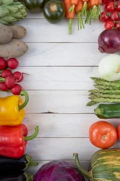 Top view of raw vegetables for posters and healthy food menus. Stock Photos