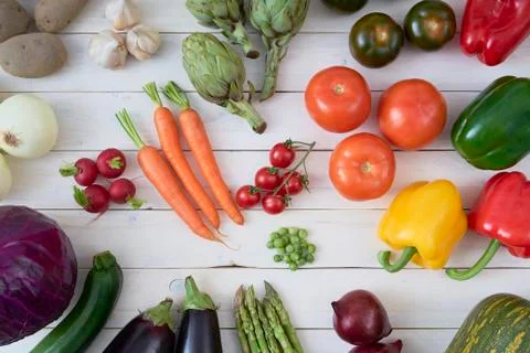 Top view of raw vegetables for posters and healthy food menus. Stock Photos