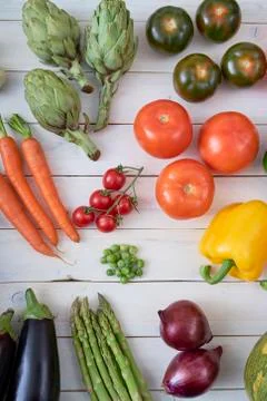 Top view of raw vegetables for posters and healthy food menus. Stock Photos