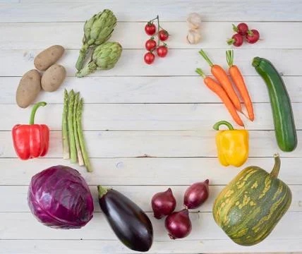 Top view of raw vegetables for posters and healthy food menus. Stock Photos