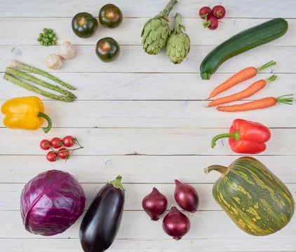Top view of raw vegetables for posters and healthy food menus. Stock Photos