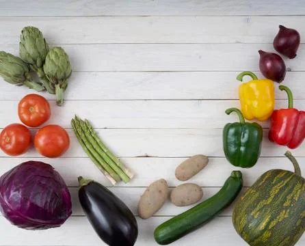 Top view of raw vegetables for posters and healthy food menus. Stock Photos